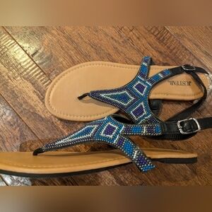 JUST Fab beaded sandals, blue, white& purple, woman's SZ11 New!